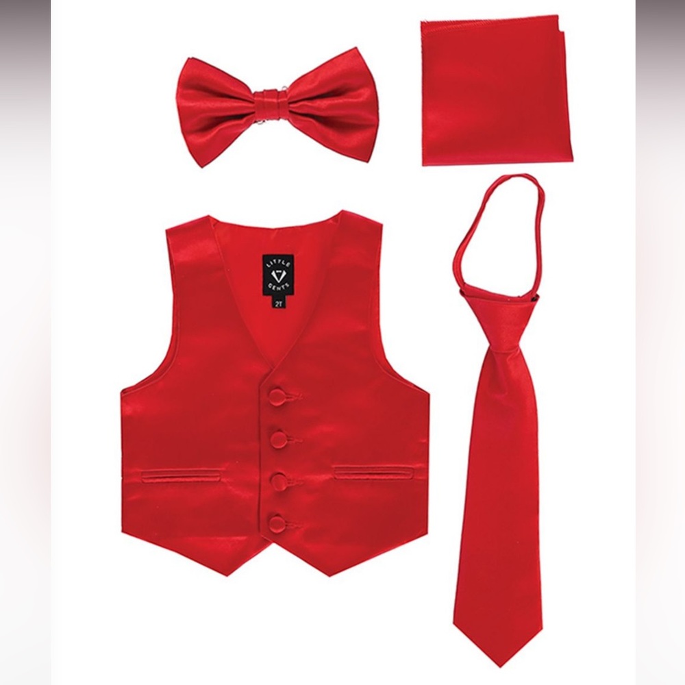 Boys Red Satin 4 piece Formal Set - Vest w/ Zipper Tie, Bowtie & Hanky - Size 12